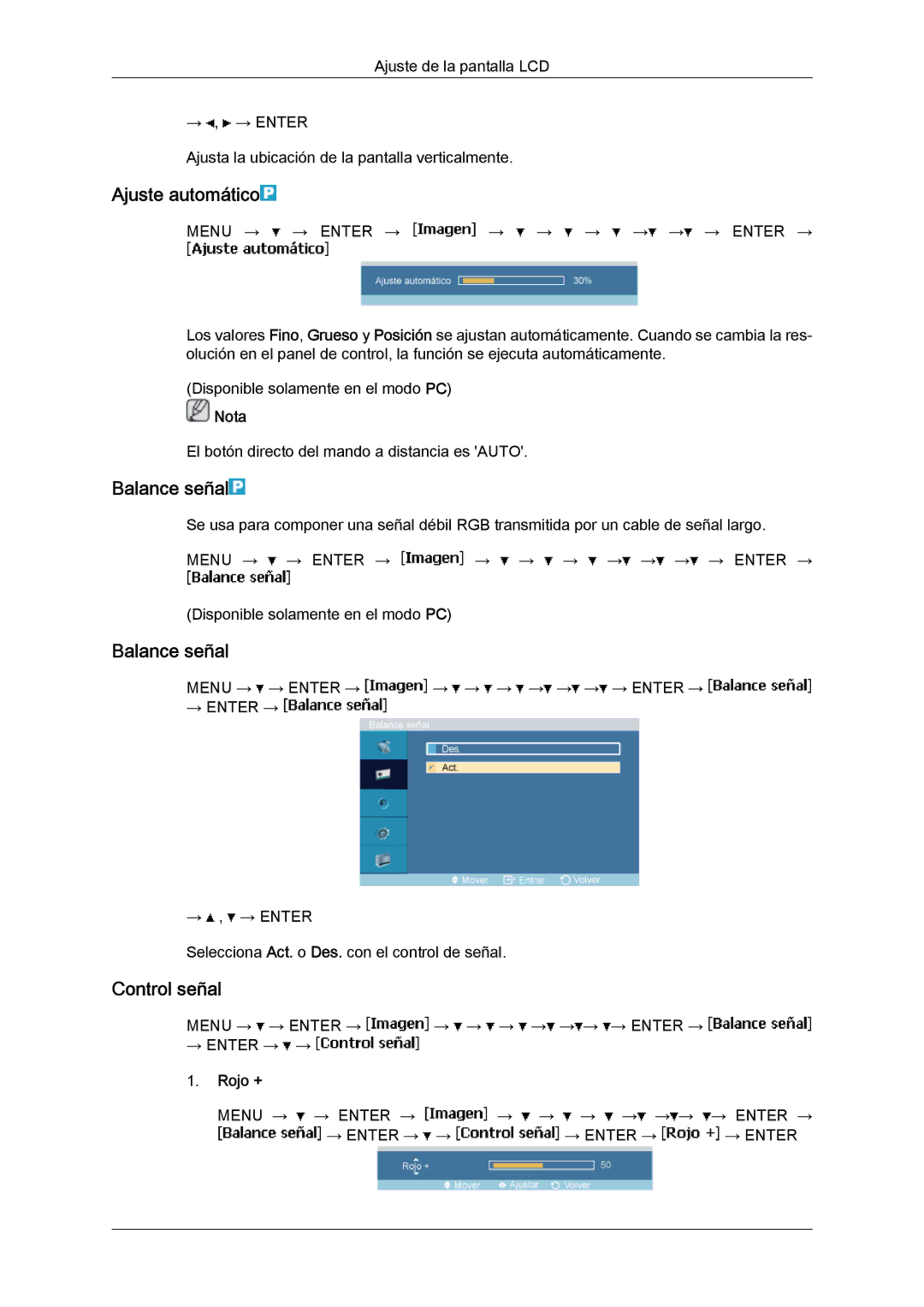 Samsung LH46MGPLBC/EN, LH46MGTLBC/EN, LH40MGTLBC/EN, LH40MGPLBC/EN Ajuste automático, Balance señal, Control señal, Rojo + 