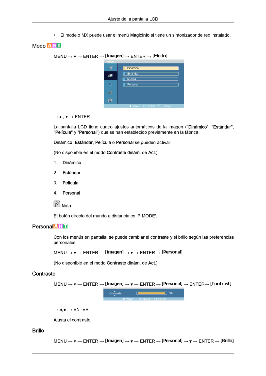 Samsung LH40MGPLBC/EN, LH46MGTLBC/EN, LH40MGTLBC/EN, LH46MGPLBC/EN manual Modo, Dinámico Estándar Película Personal Nota 