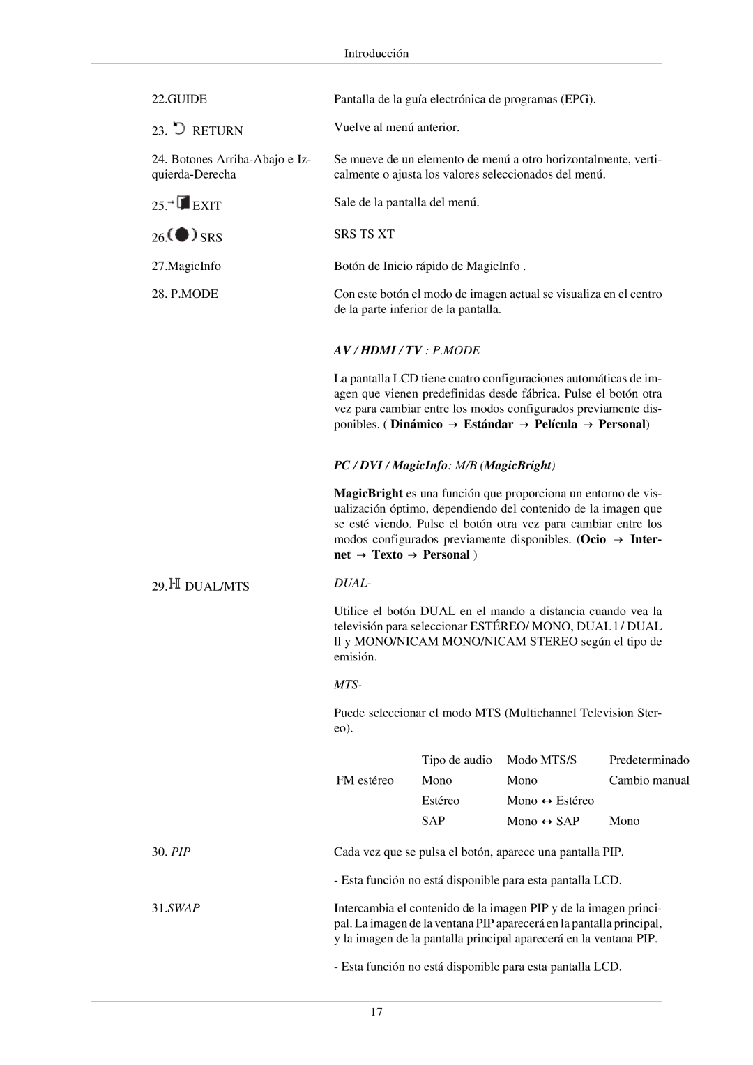 Samsung LH40MGPLBC/EN, LH46MGTLBC/EN, LH40MGTLBC/EN, LH46MGPLBC/EN manual AV / Hdmi / TV P.MODE, Dual, Mts, Sap 