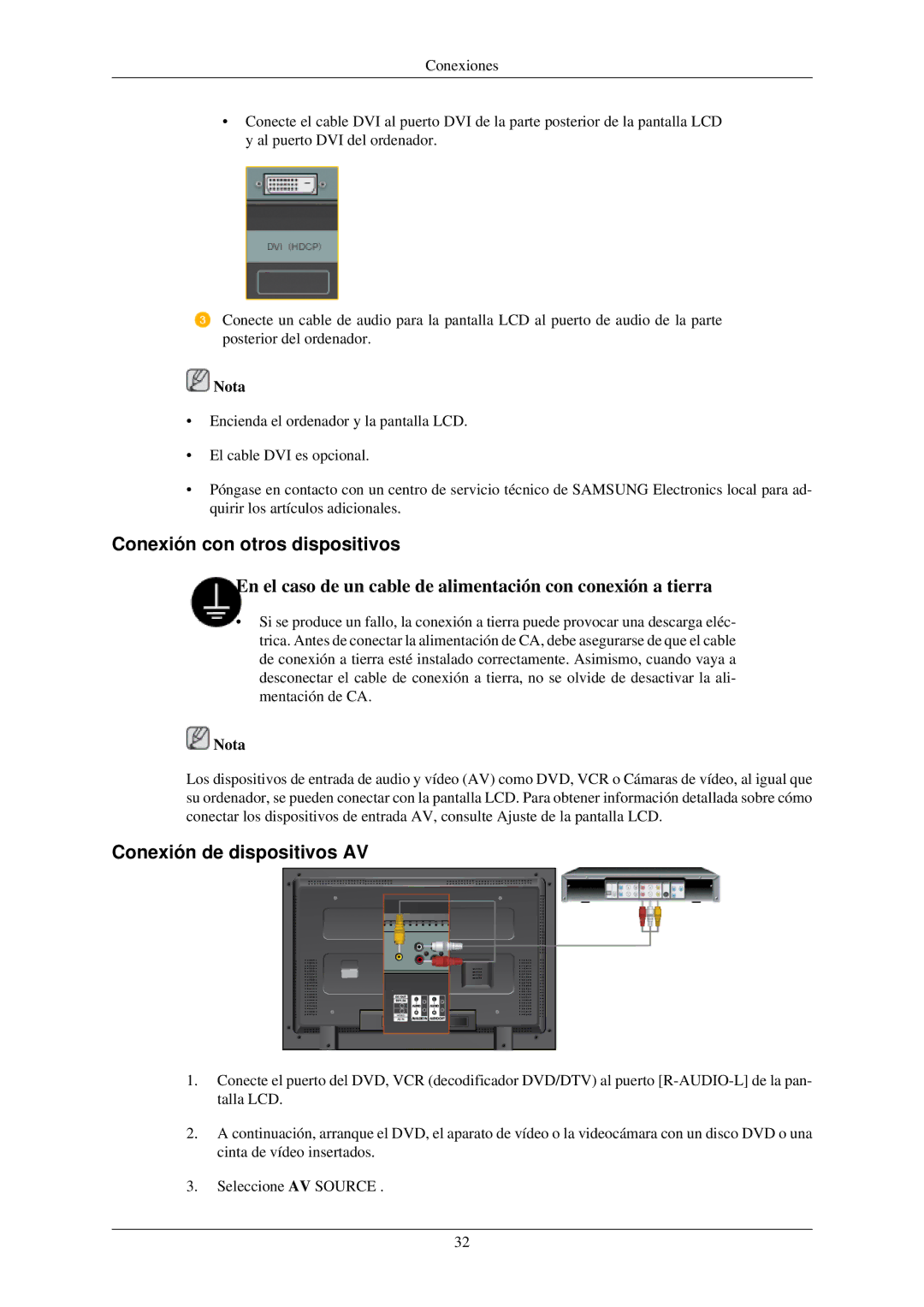 Samsung LH46MGTLBC/EN, LH40MGTLBC/EN, LH40MGPLBC/EN manual Conexión con otros dispositivos, Conexión de dispositivos AV 