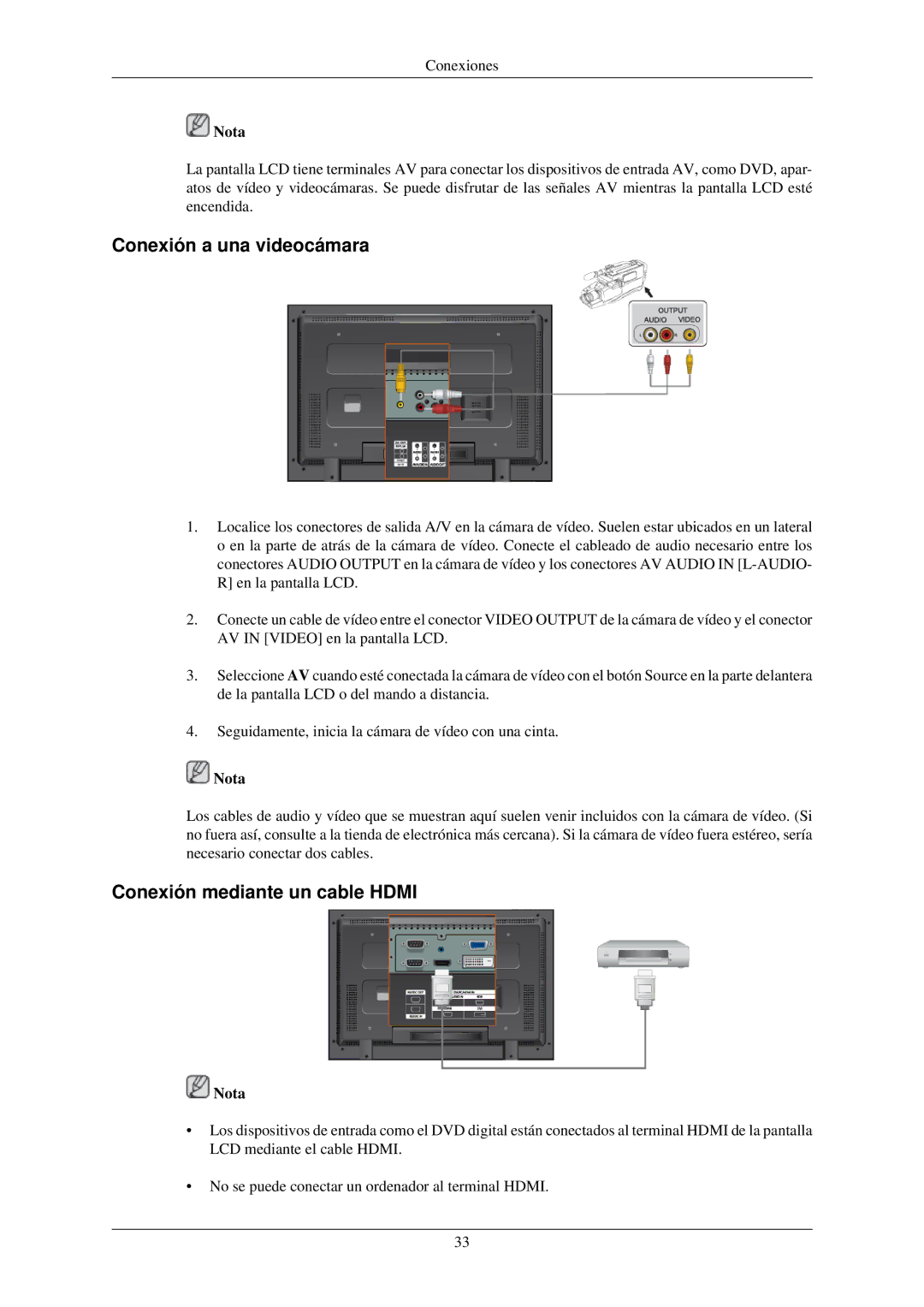 Samsung LH40MGTLBC/EN, LH46MGTLBC/EN, LH40MGPLBC/EN manual Conexión a una videocámara, Conexión mediante un cable Hdmi 