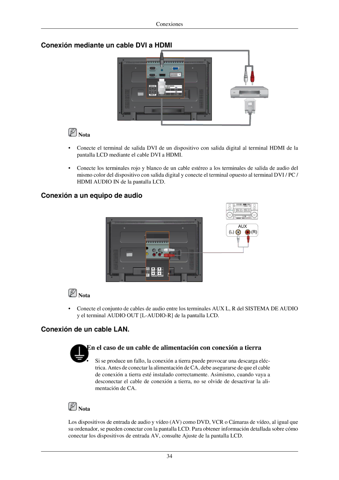 Samsung LH40MGPLBC/EN manual Conexión mediante un cable DVI a Hdmi, Conexión a un equipo de audio, Conexión de un cable LAN 