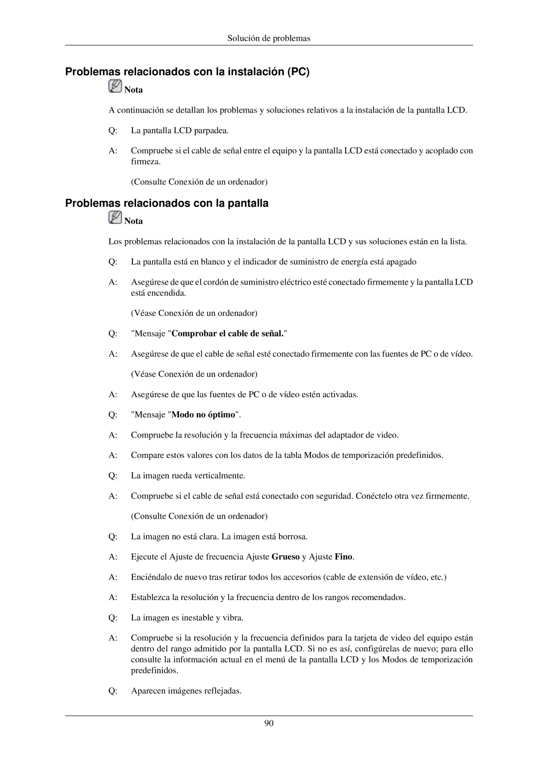 Samsung LH40MGPLBC/EN, LH46MGTLBC/EN Problemas relacionados con la instalación PC, Problemas relacionados con la pantalla 