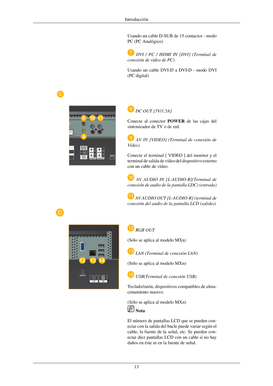 Samsung LH40MGPLBC/EN, LH46MGTLBC/EN, LH40MGTLBC/EN, LH46MGPLBC/EN manual AV in Video Terminal de conexión de Vídeo, Rgb Out 