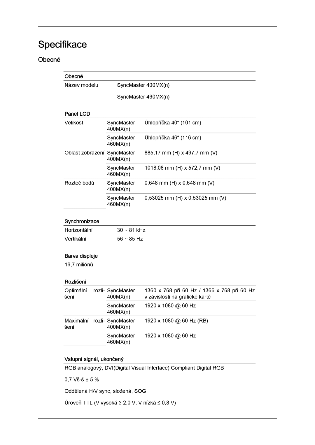 Samsung LH40MGPLBC/EN, LH46MGTLBC/EN, LH40MGTLBC/EN, LH46MGPLBC/EN manual Obecné 