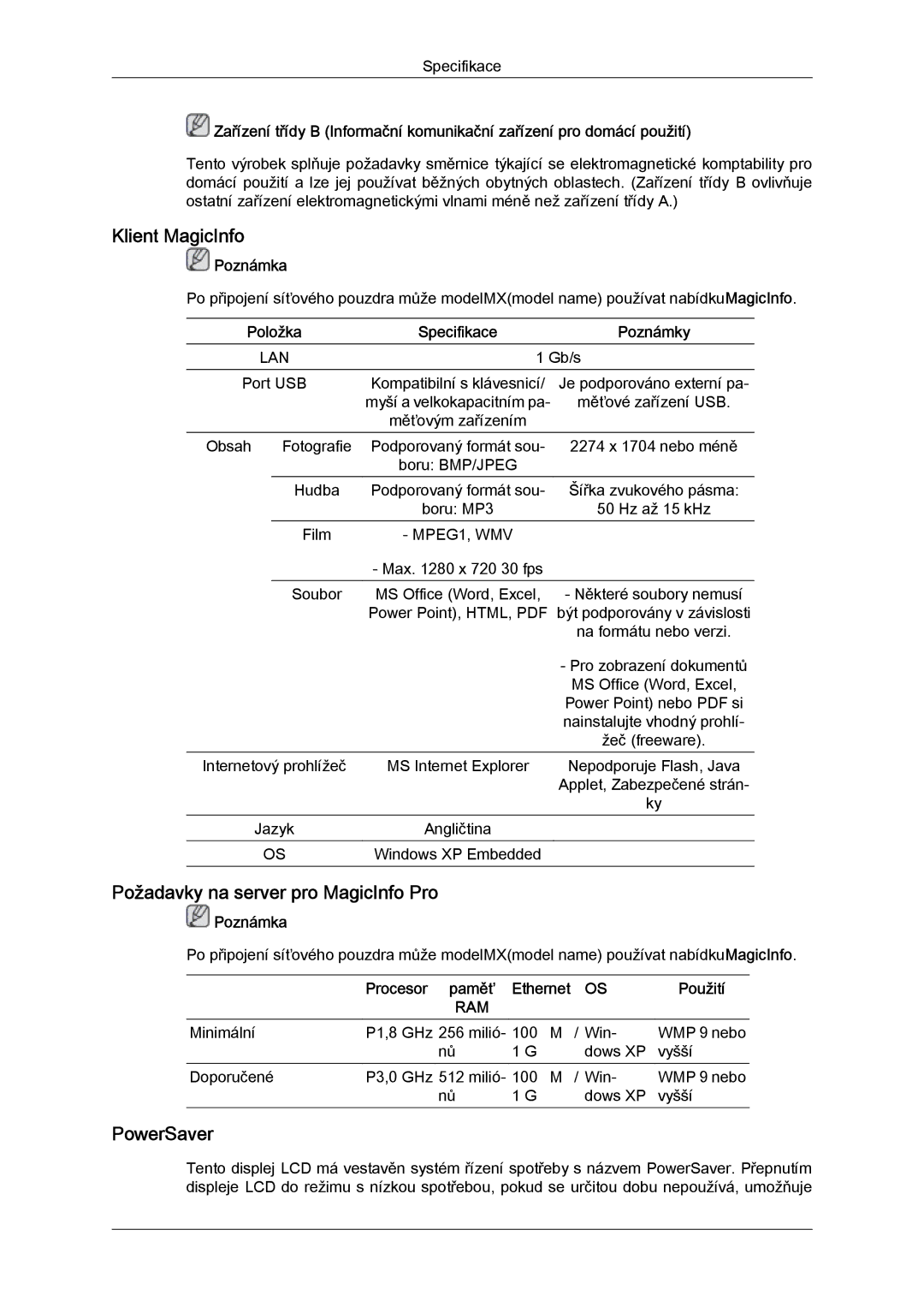 Samsung LH46MGTLBC/EN manual Klient MagicInfo, Požadavky na server pro MagicInfo Pro, PowerSaver, Procesor paměť, Použití 
