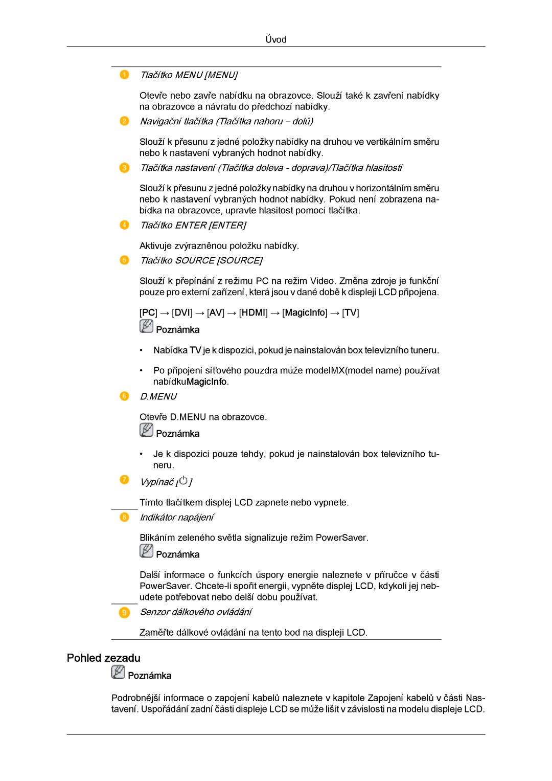 Samsung LH46MGTLBC/EN, LH40MGTLBC/EN, LH40MGPLBC/EN, LH46MGPLBC/EN manual Pohled zezadu, Tlačítko Menu Menu 