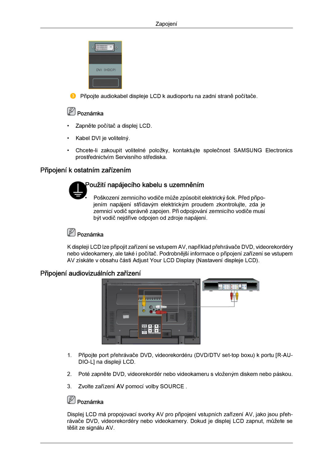 Samsung LH40MGTLBC/EN, LH46MGTLBC/EN, LH40MGPLBC/EN, LH46MGPLBC/EN manual Připojení audiovizuálních zařízení 