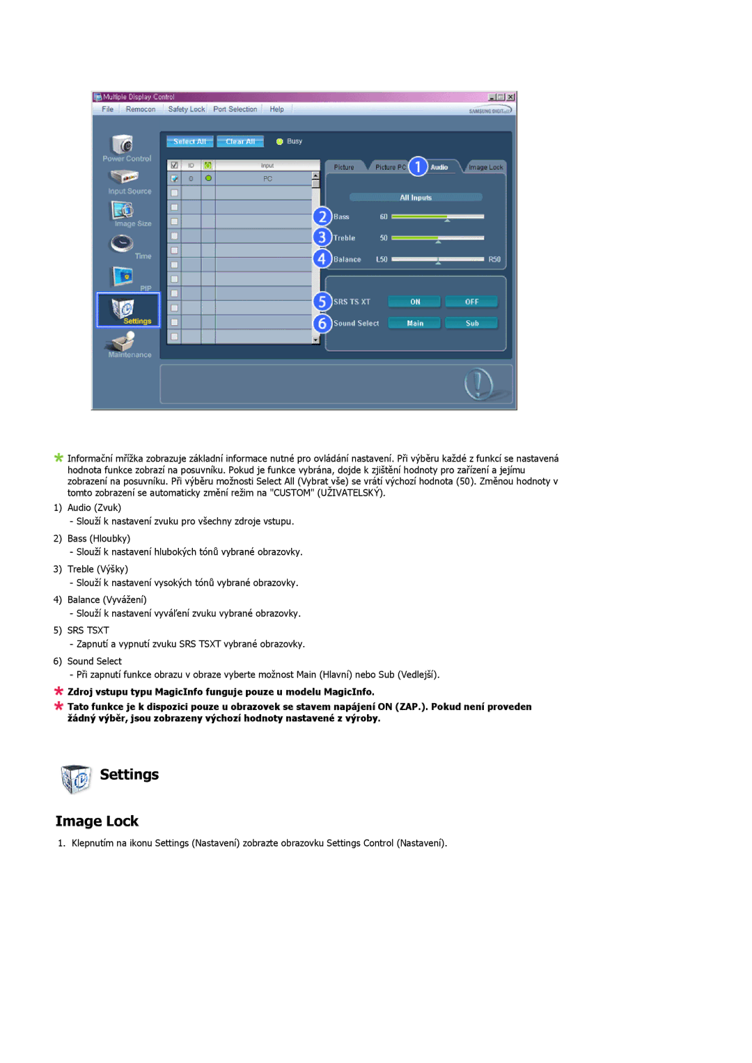 Samsung LH46MGPLBC/EN, LH46MGTLBC/EN, LH40MGTLBC/EN, LH40MGPLBC/EN manual Settings Image Lock, SRS Tsxt 