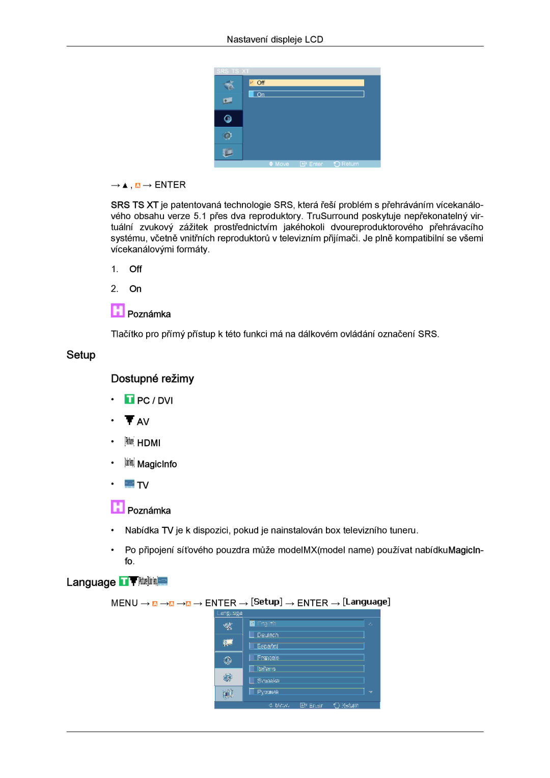 Samsung LH40MGTLBC/EN, LH46MGTLBC/EN, LH40MGPLBC/EN, LH46MGPLBC/EN manual Setup Dostupné režimy, Language, Off Poznámka 