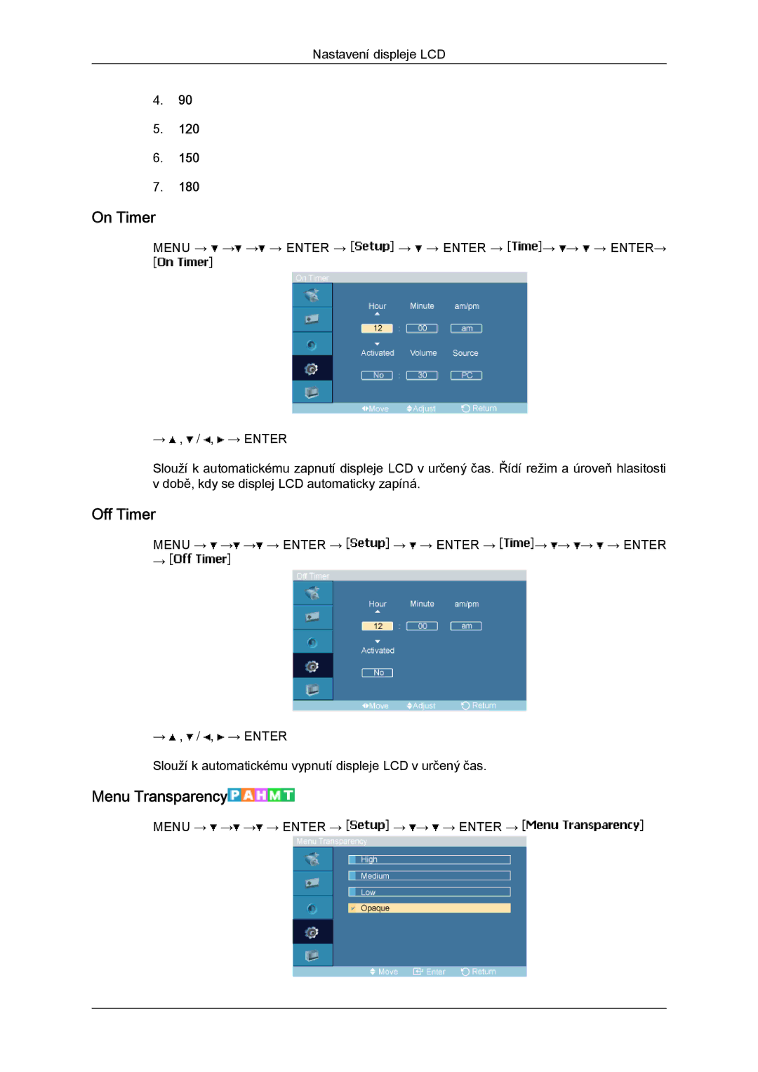 Samsung LH46MGPLBC/EN, LH46MGTLBC/EN, LH40MGTLBC/EN, LH40MGPLBC/EN manual On Timer, Off Timer, Menu Transparency 