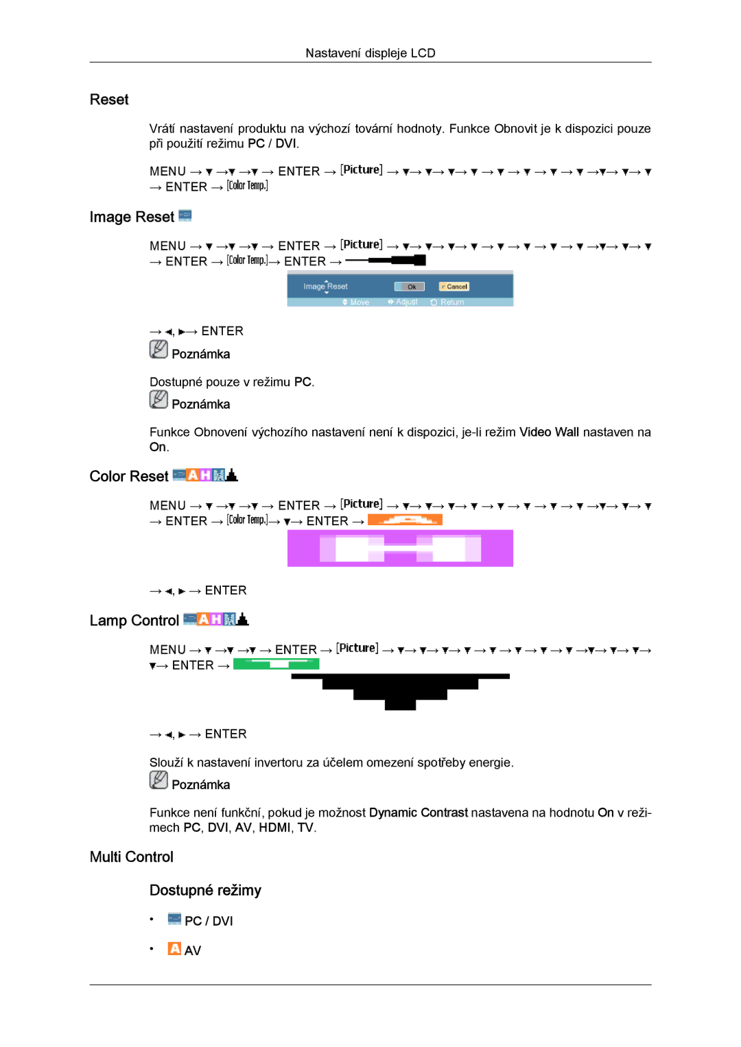 Samsung LH40MGTLBC/EN, LH46MGTLBC/EN manual Image Reset, Color Reset, Lamp Control, Multi Control Dostupné režimy 