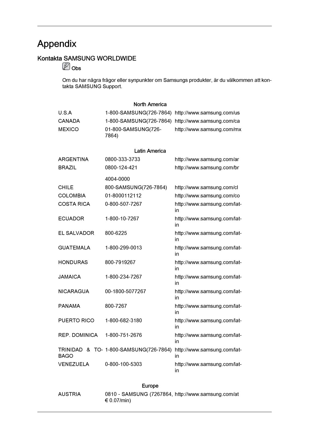 Samsung LH46MGPLBC/EN, LH46MGTLBC/EN, LH40MGTLBC/EN manual Kontakta Samsung Worldwide, North America, Latin America, Europe 