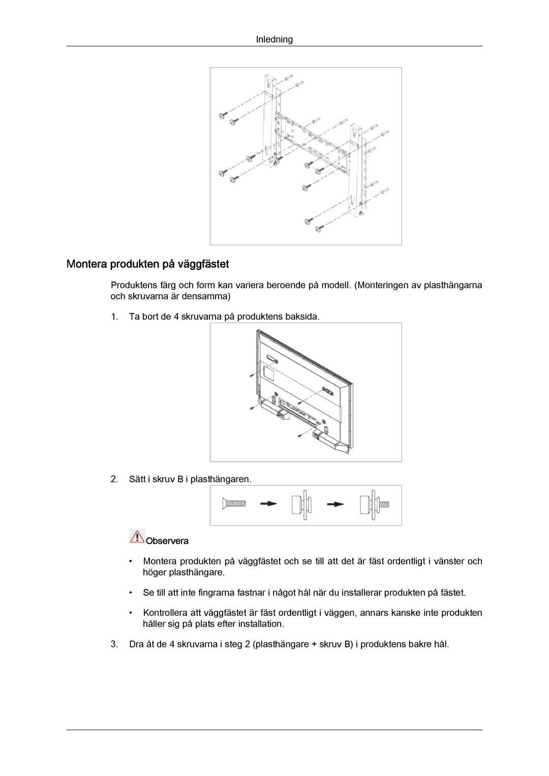 Samsung LH46MGPLBC/EN, LH46MGTLBC/EN, LH40MGTLBC/EN, LH40MGPLBC/EN manual Montera produkten på väggfästet 