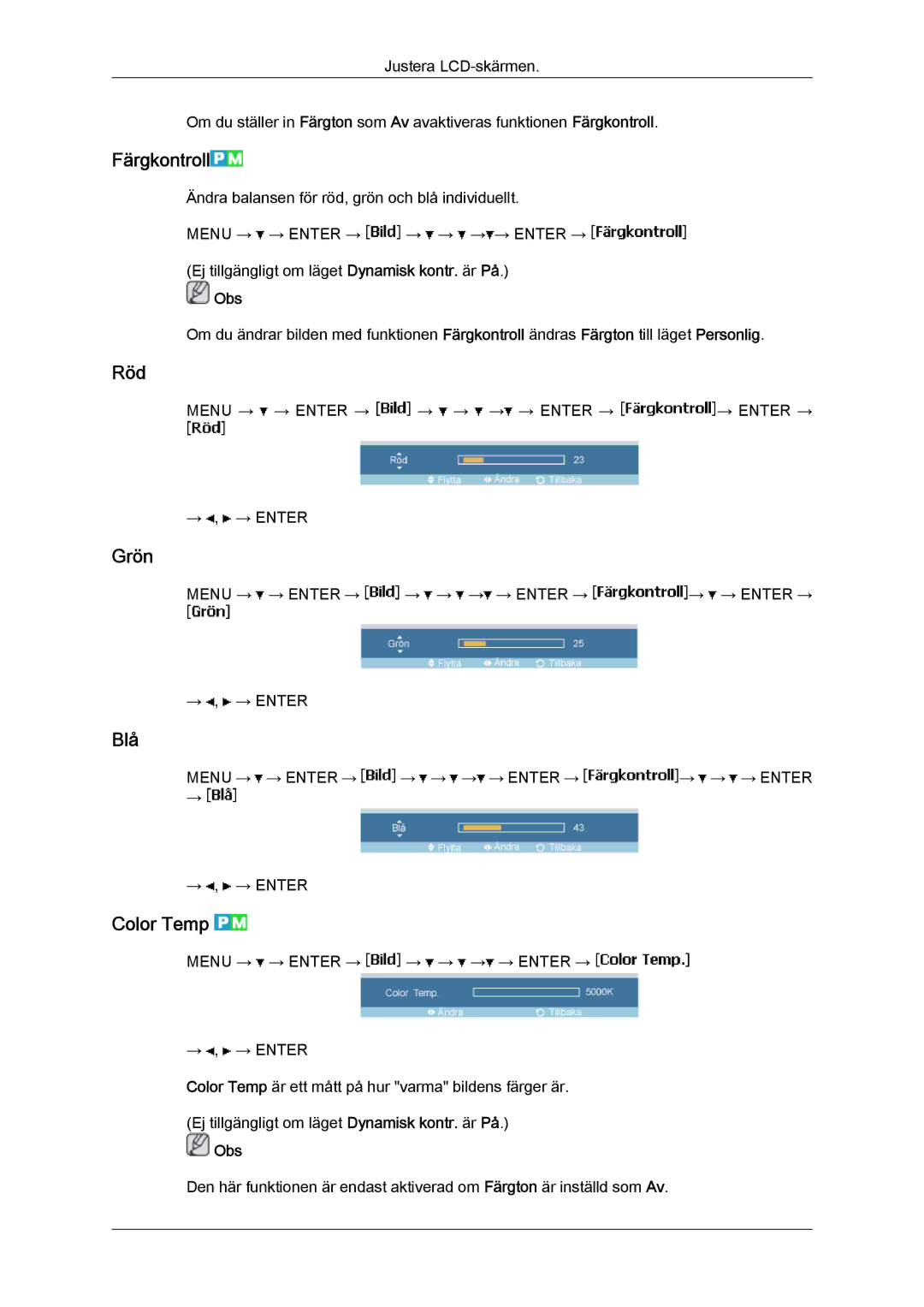 Samsung LH40MGTLBC/EN, LH46MGTLBC/EN, LH40MGPLBC/EN, LH46MGPLBC/EN manual Färgkontroll, Röd, Grön, Blå, Color Temp 