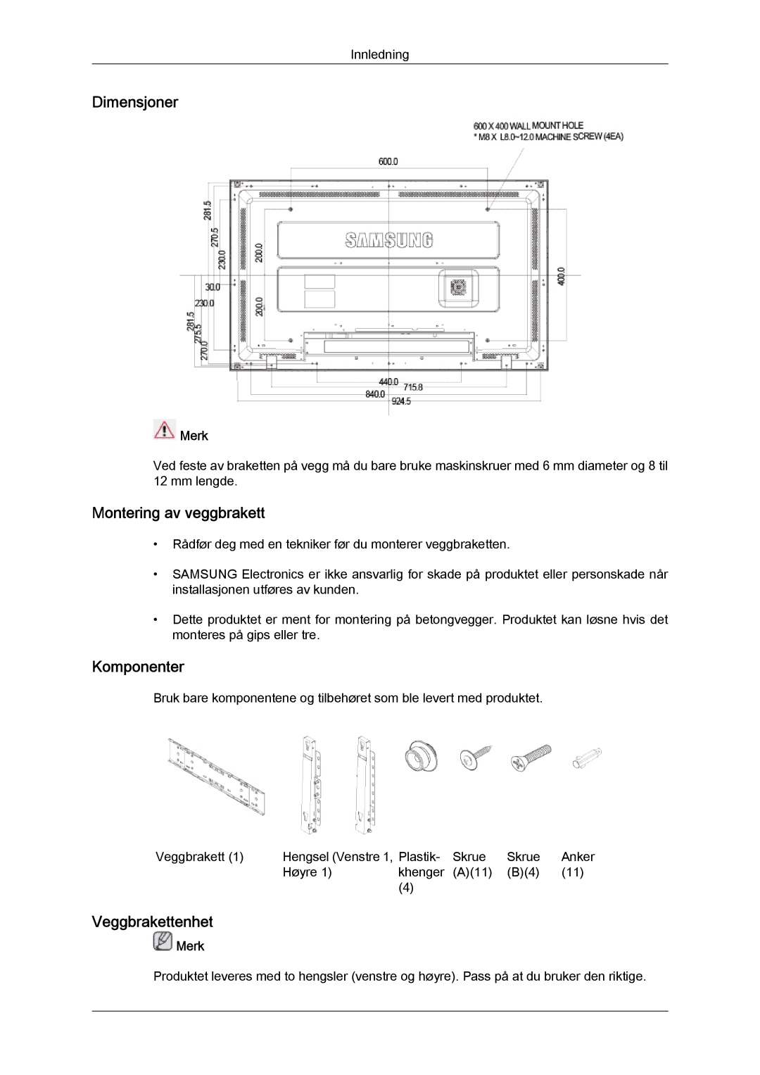 Samsung LH46MGTLBC/EN, LH40MGTLBC/EN, LH40MGPLBC/EN Dimensjoner, Montering av veggbrakett, Komponenter, Veggbrakettenhet 