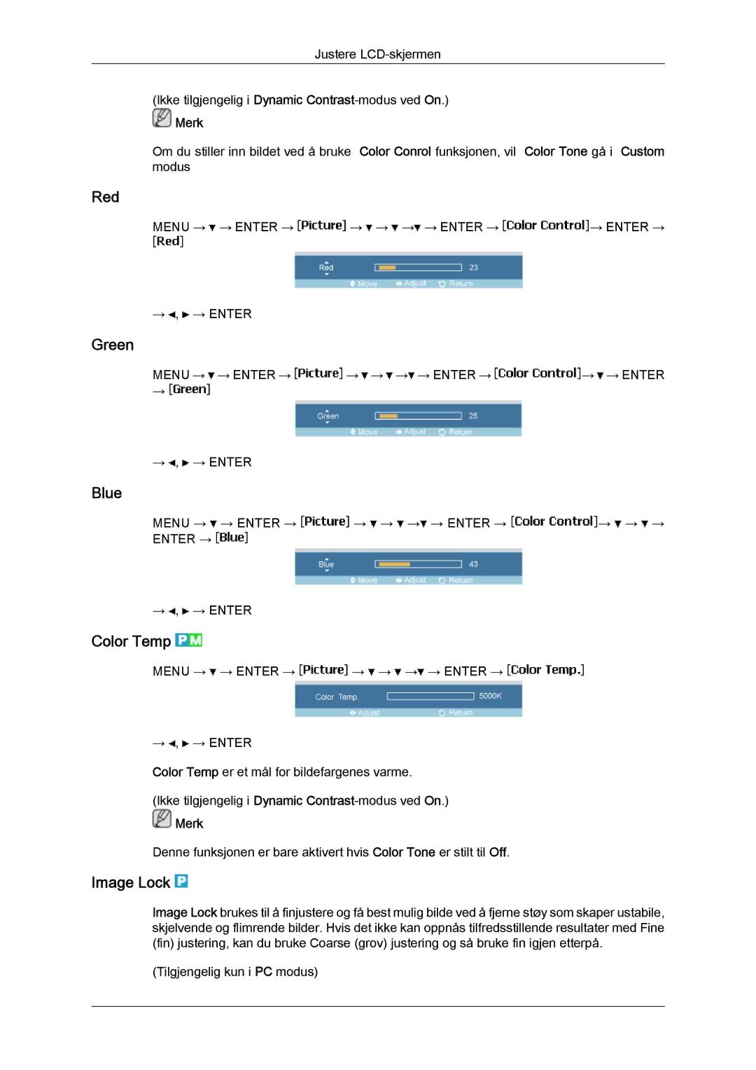 Samsung LH46MGTLBC/EN, LH40MGTLBC/EN, LH40MGPLBC/EN, LH46MGPLBC/EN manual Red, Green, Blue, Color Temp, Image Lock 