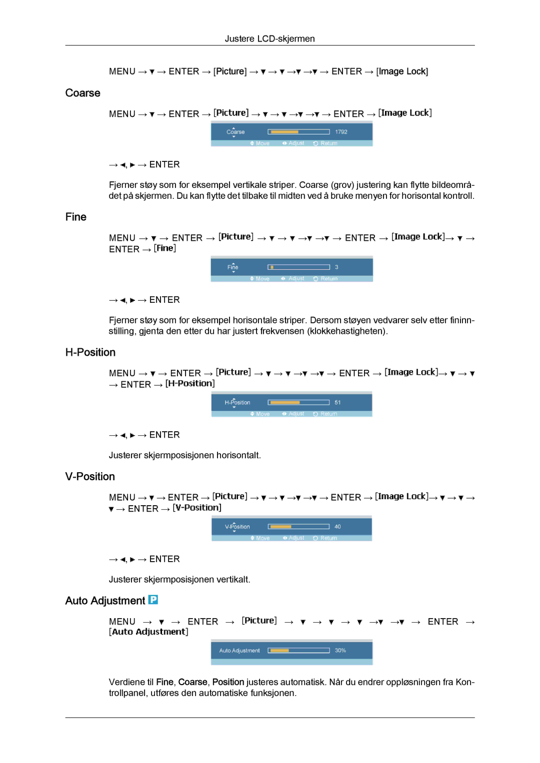 Samsung LH40MGTLBC/EN, LH46MGTLBC/EN, LH40MGPLBC/EN, LH46MGPLBC/EN manual Coarse, Fine, Position, Auto Adjustment 