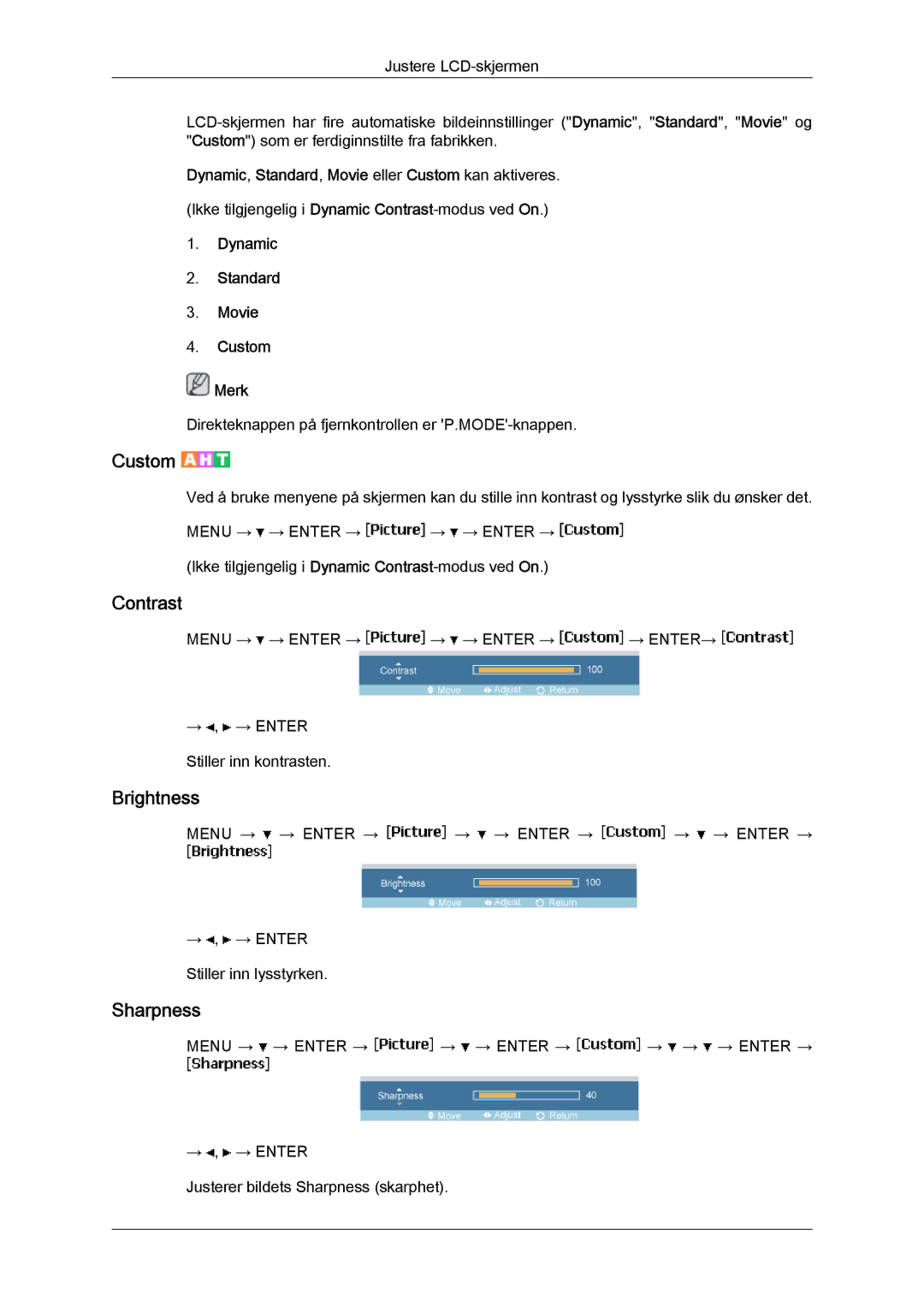 Samsung LH40MGTLBC/EN, LH46MGTLBC/EN, LH40MGPLBC/EN, LH46MGPLBC/EN manual Dynamic Standard Movie Custom Merk 