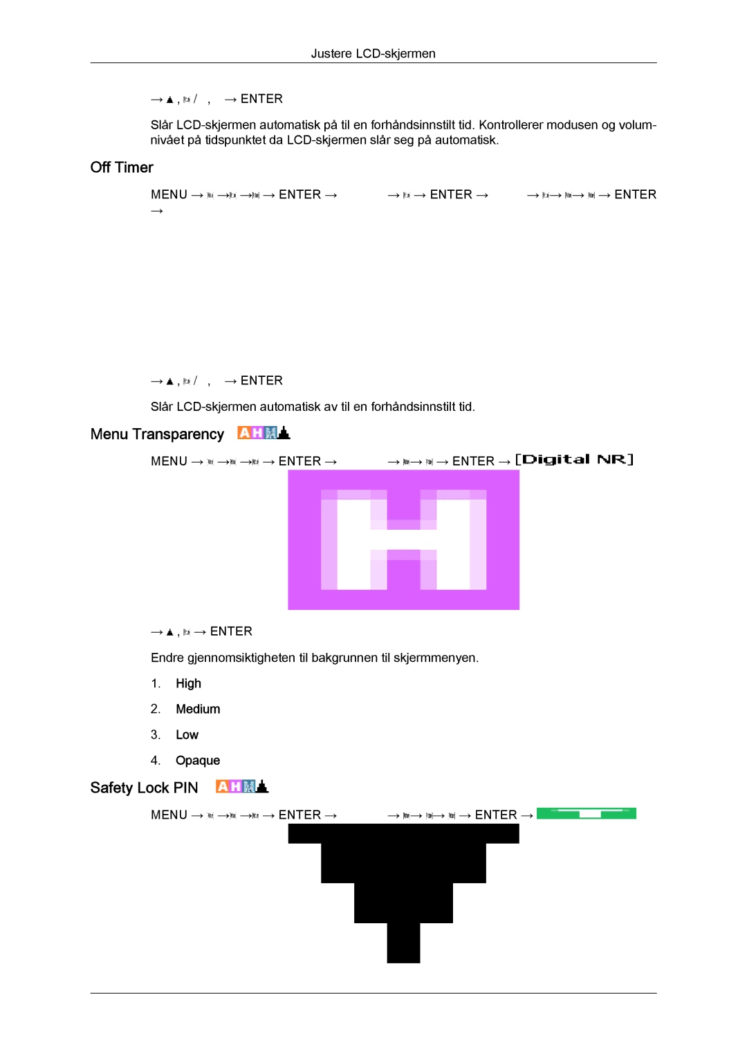 Samsung LH40MGPLBC/EN, LH46MGTLBC/EN, LH40MGTLBC/EN Off Timer, Menu Transparency, Safety Lock PIN, High Medium Low Opaque 