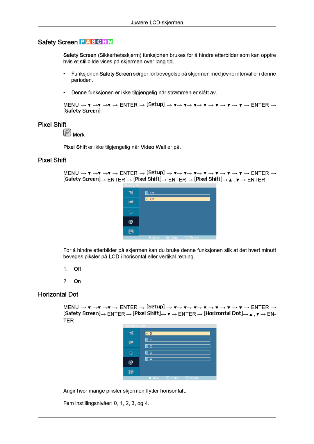 Samsung LH40MGPLBC/EN, LH46MGTLBC/EN, LH40MGTLBC/EN, LH46MGPLBC/EN manual Safety Screen, Pixel Shift, Horizontal Dot 