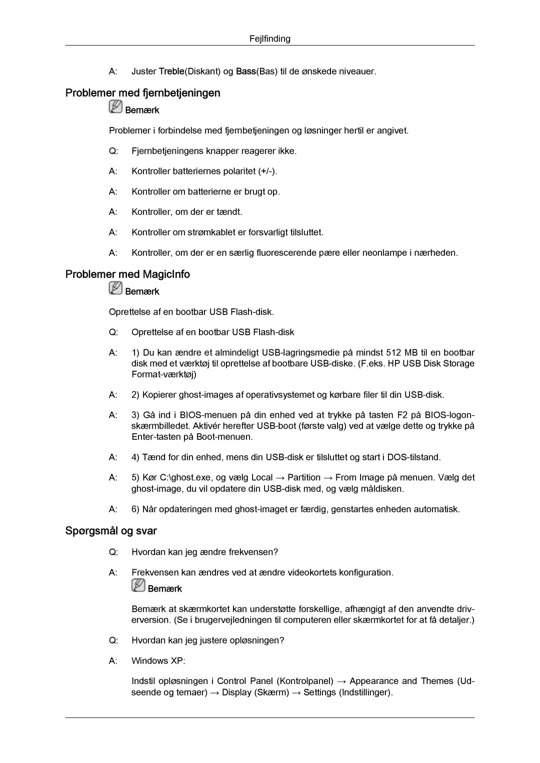 Samsung LH46MGTLBC/EN, LH40MGTLBC/EN manual Problemer med fjernbetjeningen, Problemer med MagicInfo, Spørgsmål og svar 