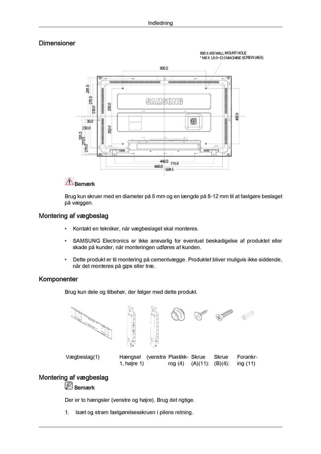 Samsung LH40MGTLBC/EN, LH46MGTLBC/EN, LH40MGPLBC/EN, LH46MGPLBC/EN manual Dimensioner, Montering af vægbeslag, Komponenter 