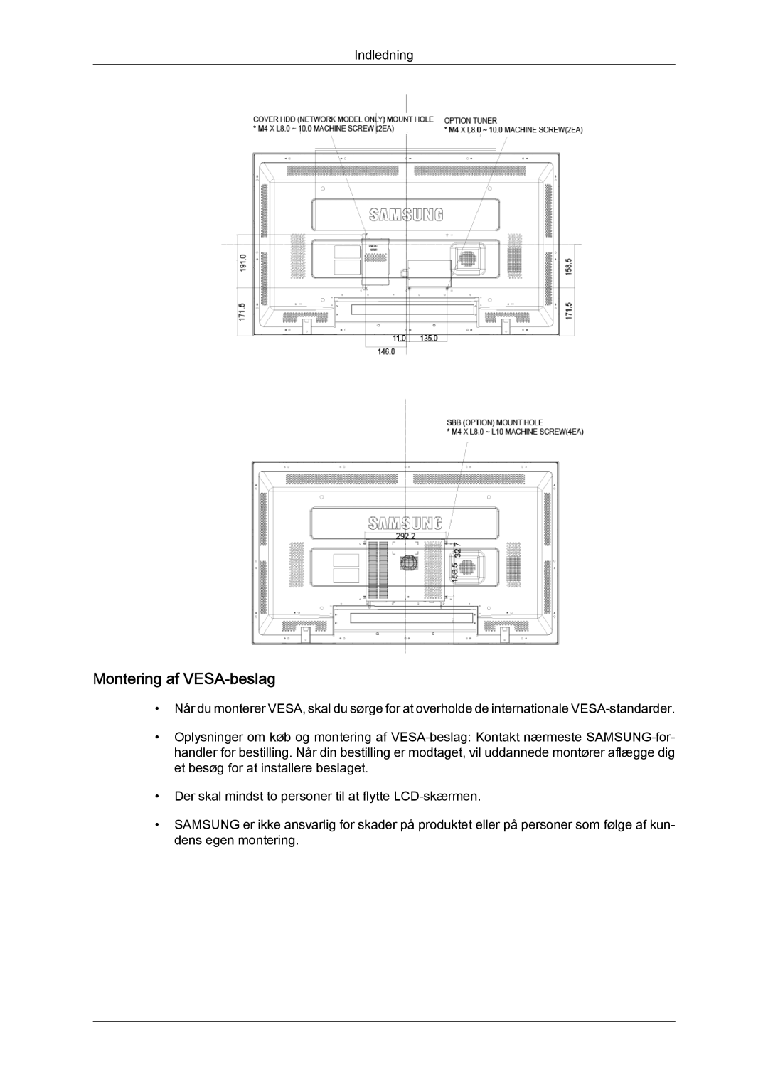 Samsung LH40MGPLBC/EN, LH46MGTLBC/EN, LH40MGTLBC/EN, LH46MGPLBC/EN manual Montering af VESA-beslag 