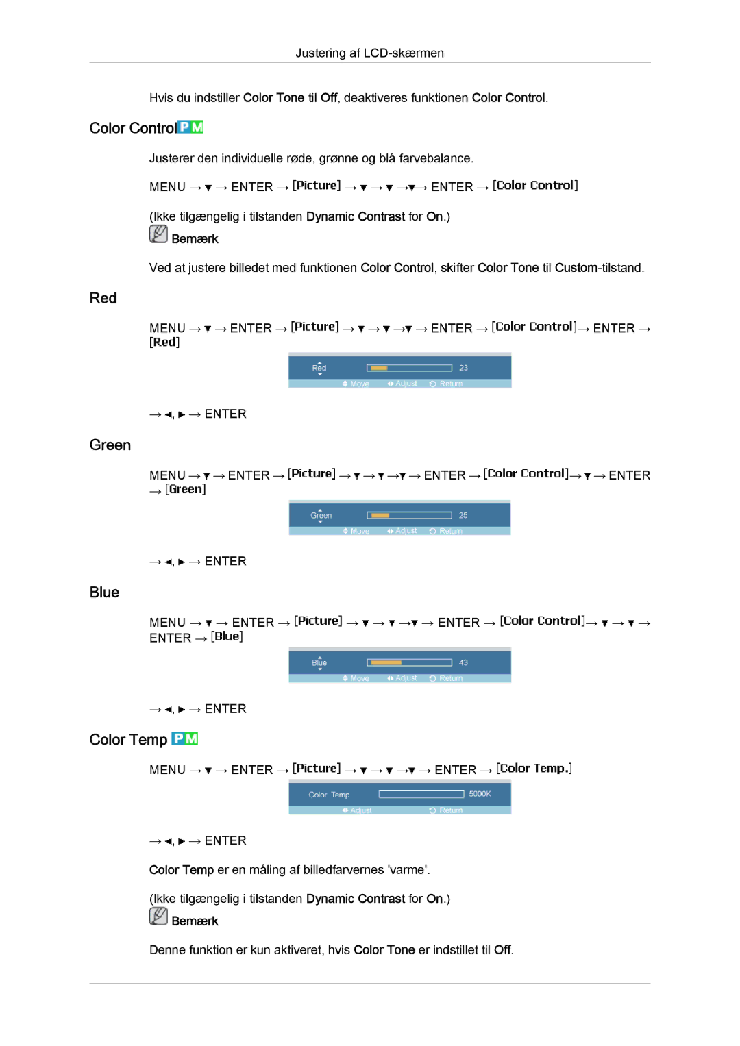 Samsung LH40MGTLBC/EN, LH46MGTLBC/EN, LH40MGPLBC/EN, LH46MGPLBC/EN manual Color Control, Red, Green, Blue, Color Temp 