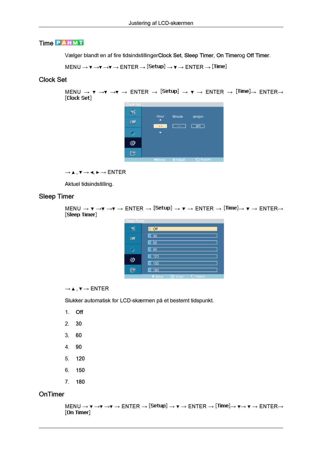 Samsung LH40MGPLBC/EN, LH46MGTLBC/EN, LH40MGTLBC/EN, LH46MGPLBC/EN manual Clock Set, Sleep Timer, OnTimer 