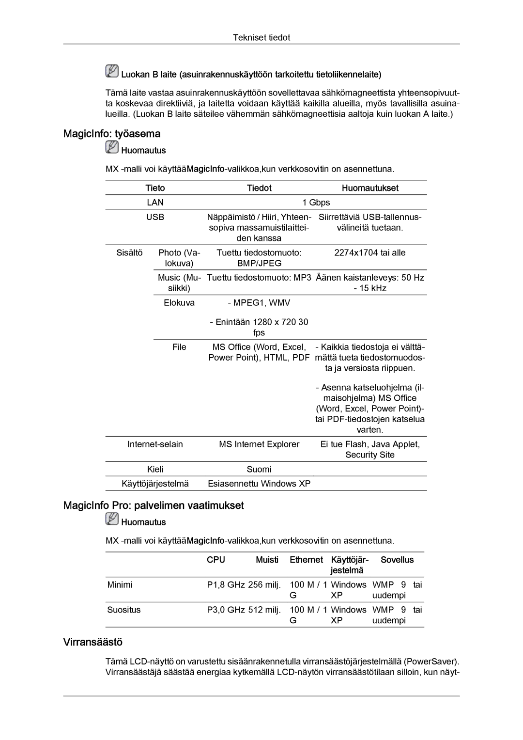 Samsung LH46MGPLBC/EN, LH46MGTLBC/EN, LH40MGTLBC/EN MagicInfo työasema, MagicInfo Pro palvelimen vaatimukset, Virransäästö 