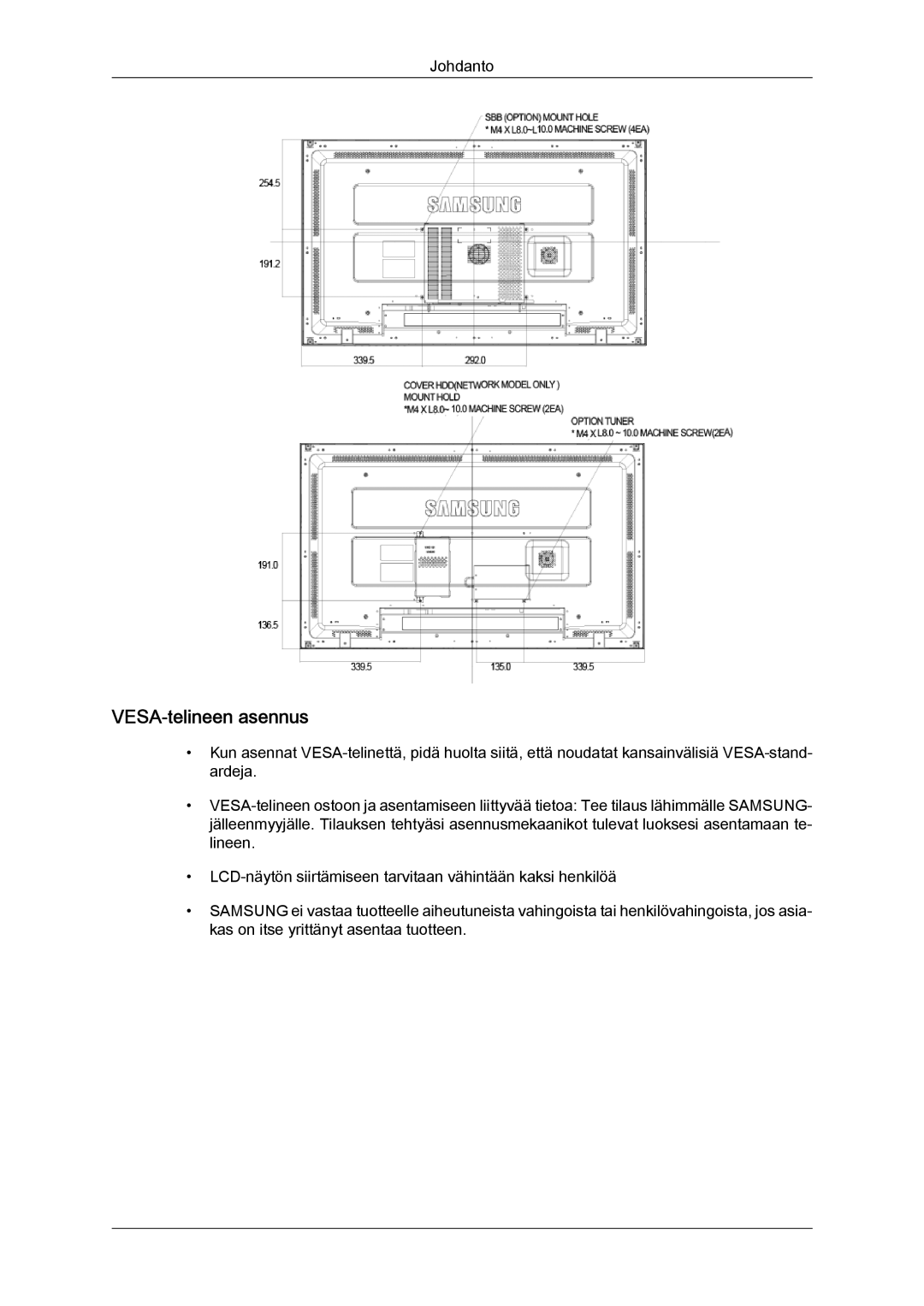 Samsung LH46MGTLBC/EN, LH40MGTLBC/EN, LH40MGPLBC/EN, LH46MGPLBC/EN manual VESA-telineen asennus 