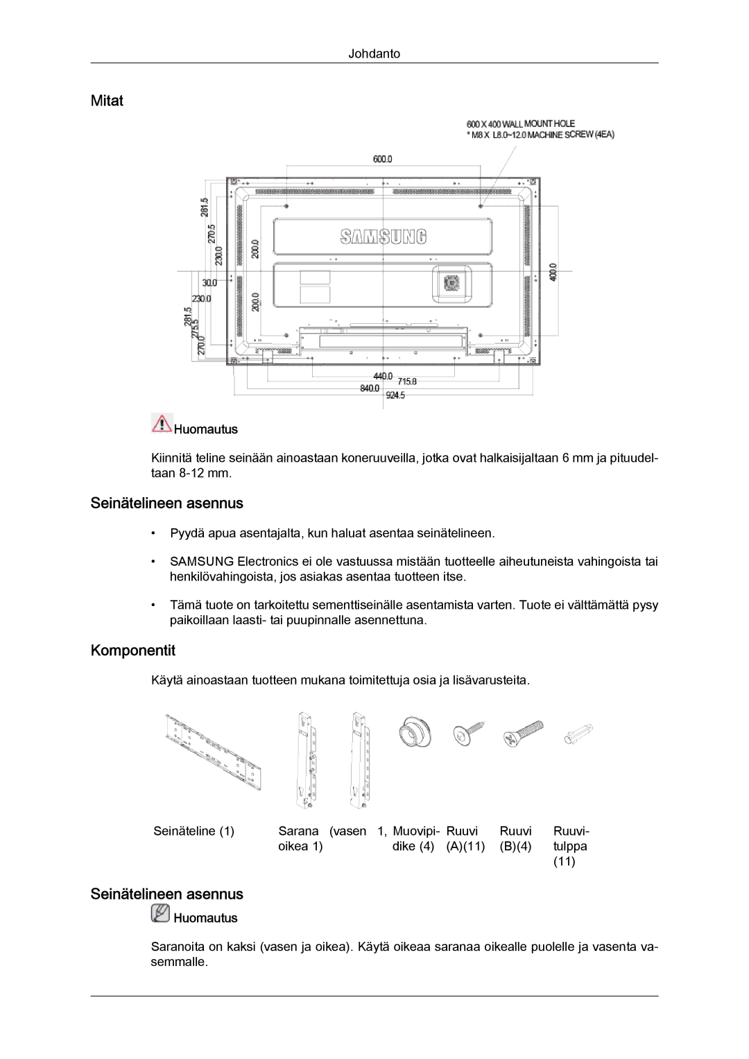 Samsung LH40MGTLBC/EN, LH46MGTLBC/EN, LH40MGPLBC/EN, LH46MGPLBC/EN manual Mitat, Seinätelineen asennus, Komponentit 