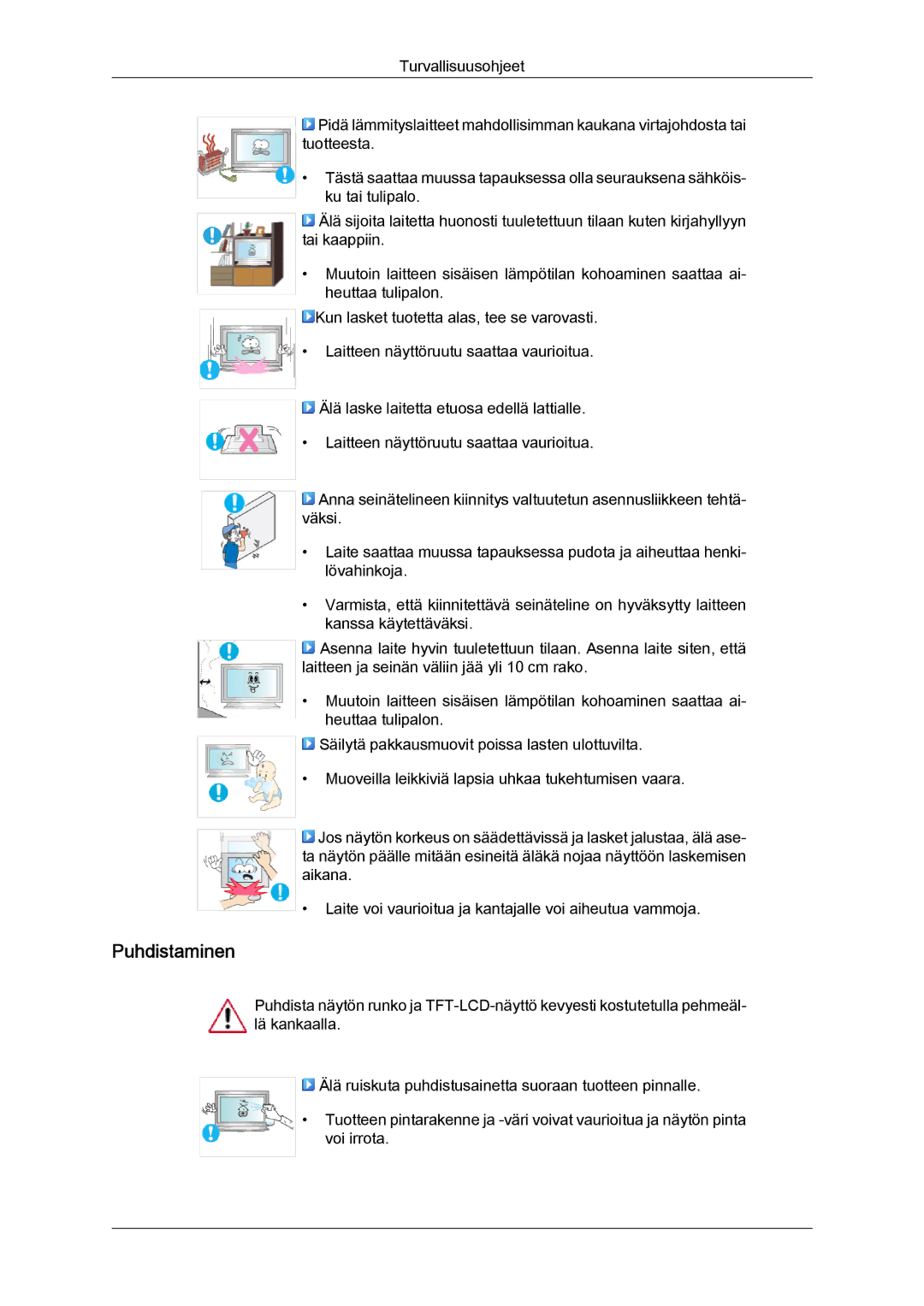 Samsung LH46MGTLBC/EN, LH40MGTLBC/EN, LH40MGPLBC/EN, LH46MGPLBC/EN manual Puhdistaminen 