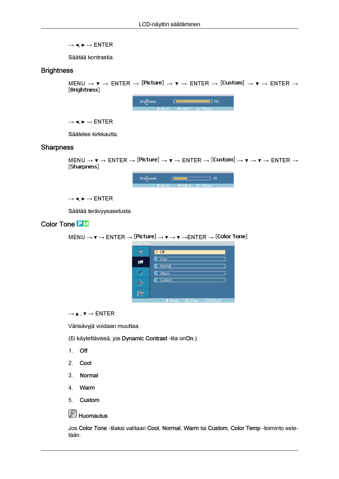 Samsung LH46MGPLBC/EN, LH46MGTLBC/EN, LH40MGTLBC/EN, LH40MGPLBC/EN manual Brightness, Sharpness, Color Tone 