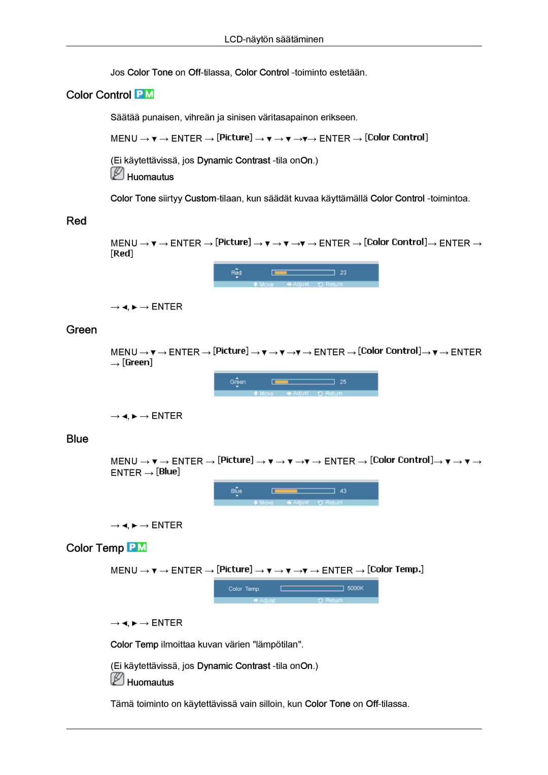 Samsung LH46MGTLBC/EN, LH40MGTLBC/EN, LH40MGPLBC/EN, LH46MGPLBC/EN manual Color Control, Red, Green, Blue, Color Temp 