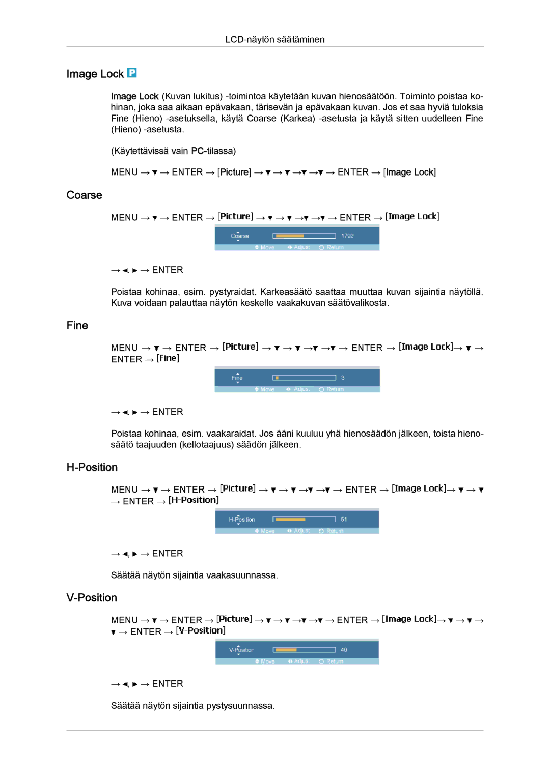 Samsung LH40MGTLBC/EN, LH46MGTLBC/EN, LH40MGPLBC/EN, LH46MGPLBC/EN manual Image Lock, Coarse, Fine, Position 