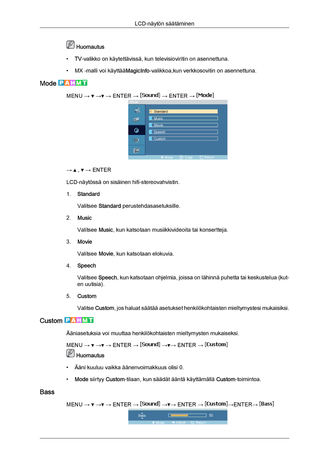 Samsung LH40MGPLBC/EN, LH46MGTLBC/EN, LH40MGTLBC/EN, LH46MGPLBC/EN manual Bass, Music, Speech 