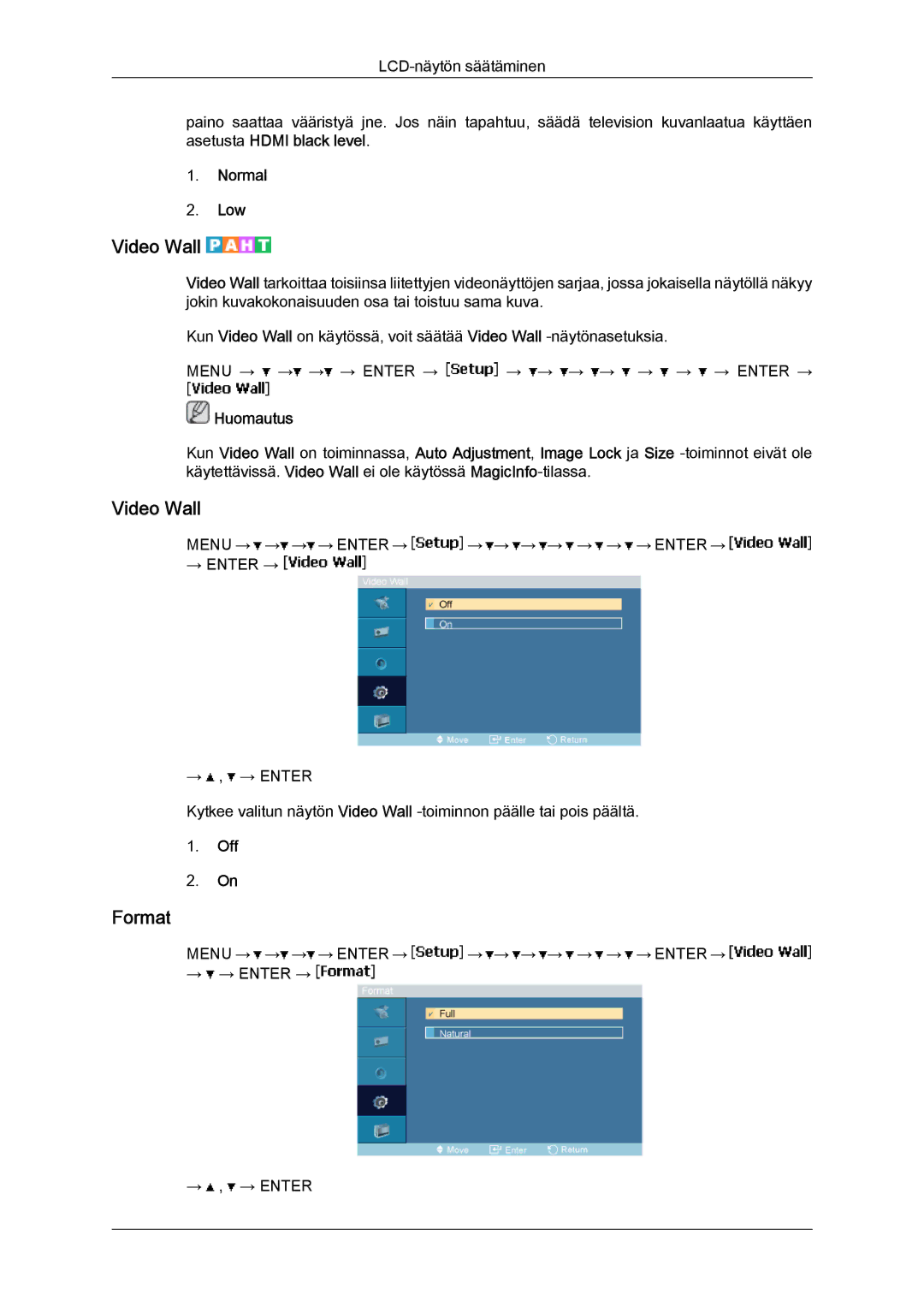 Samsung LH46MGTLBC/EN, LH40MGTLBC/EN, LH40MGPLBC/EN, LH46MGPLBC/EN manual Video Wall, Format, Normal Low 