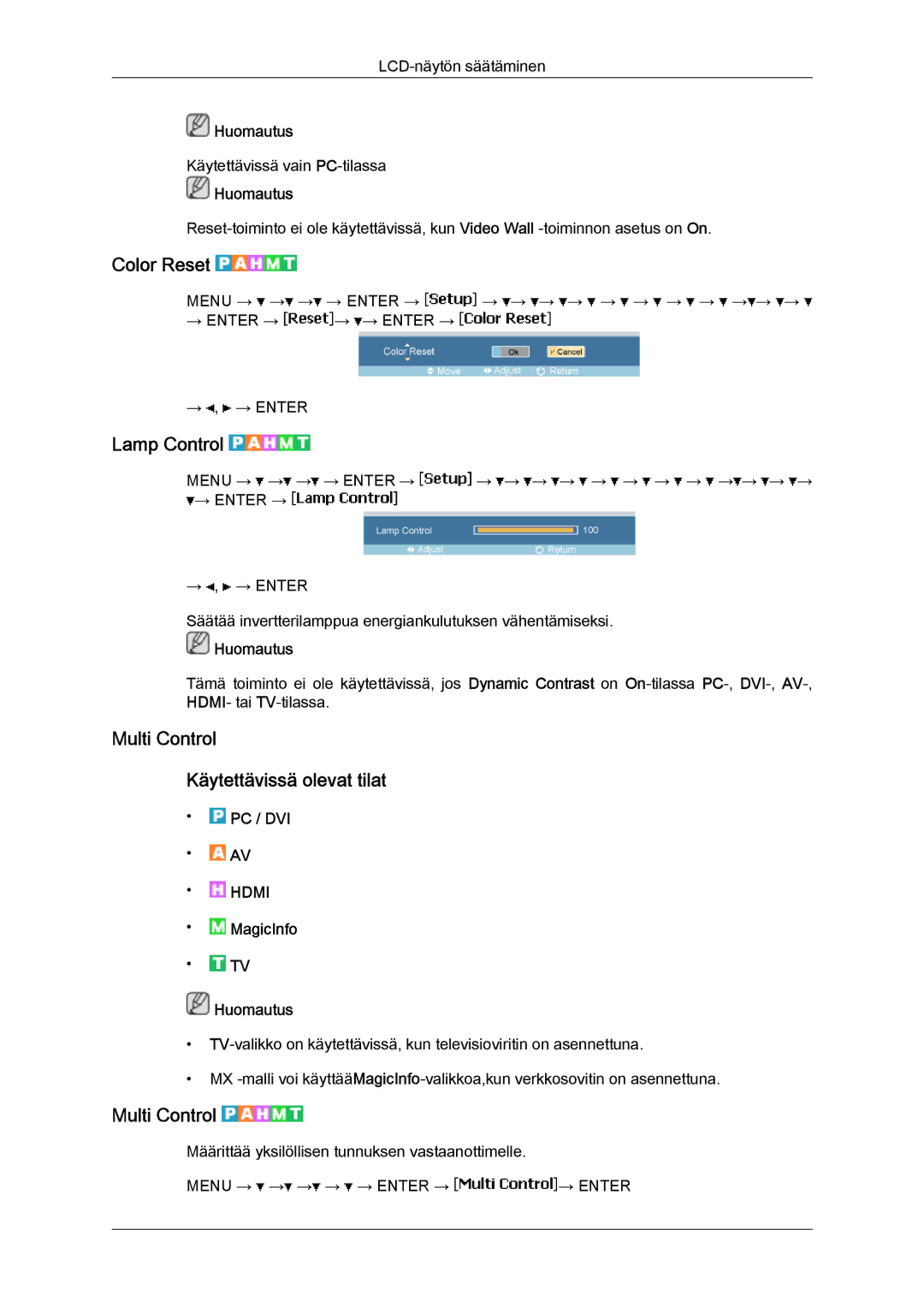 Samsung LH46MGTLBC/EN, LH40MGTLBC/EN, LH40MGPLBC/EN Color Reset, Lamp Control, Multi Control Käytettävissä olevat tilat 