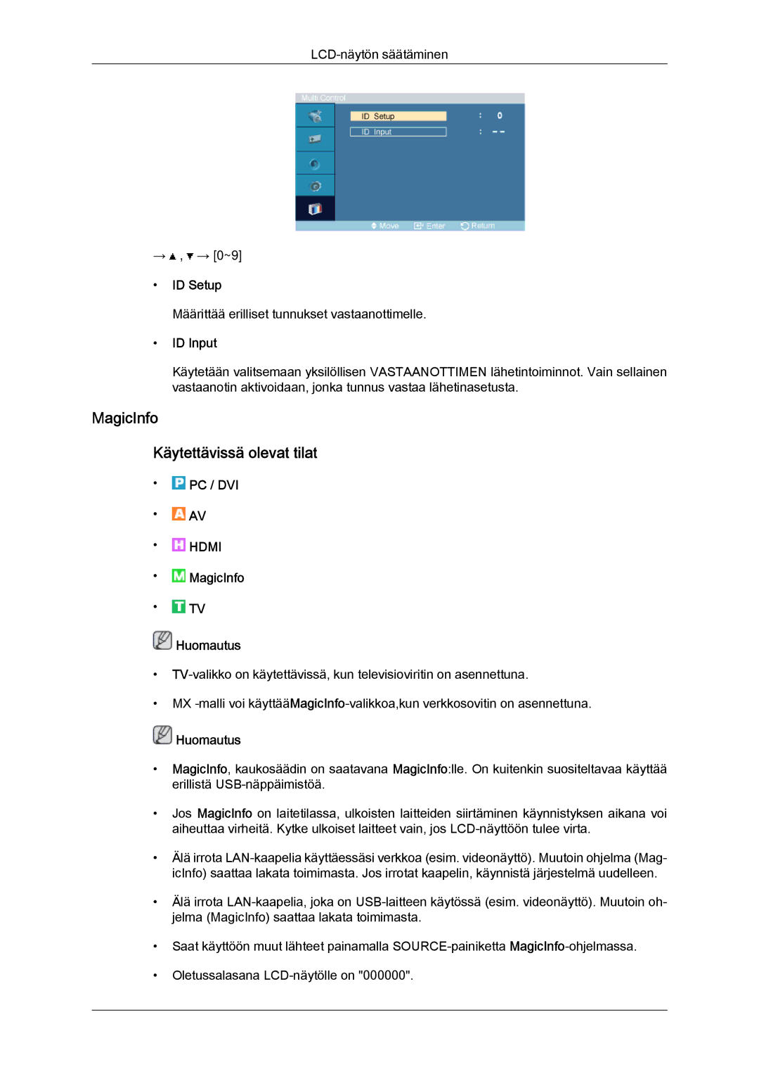 Samsung LH40MGTLBC/EN, LH46MGTLBC/EN, LH40MGPLBC/EN, LH46MGPLBC/EN MagicInfo Käytettävissä olevat tilat, ID Setup, ID Input 