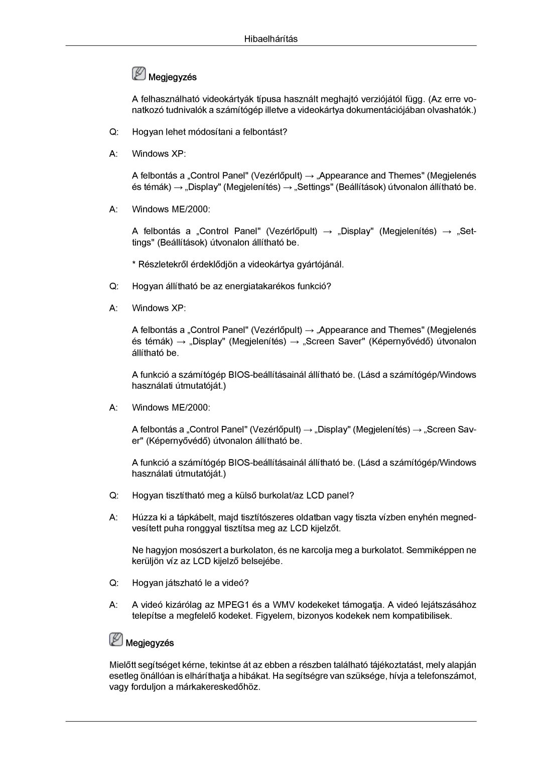 Samsung LH40MGTLBC/EN, LH46MGTLBC/EN, LH40MGPLBC/EN, LH46MGPLBC/EN manual Hibaelhárítás 