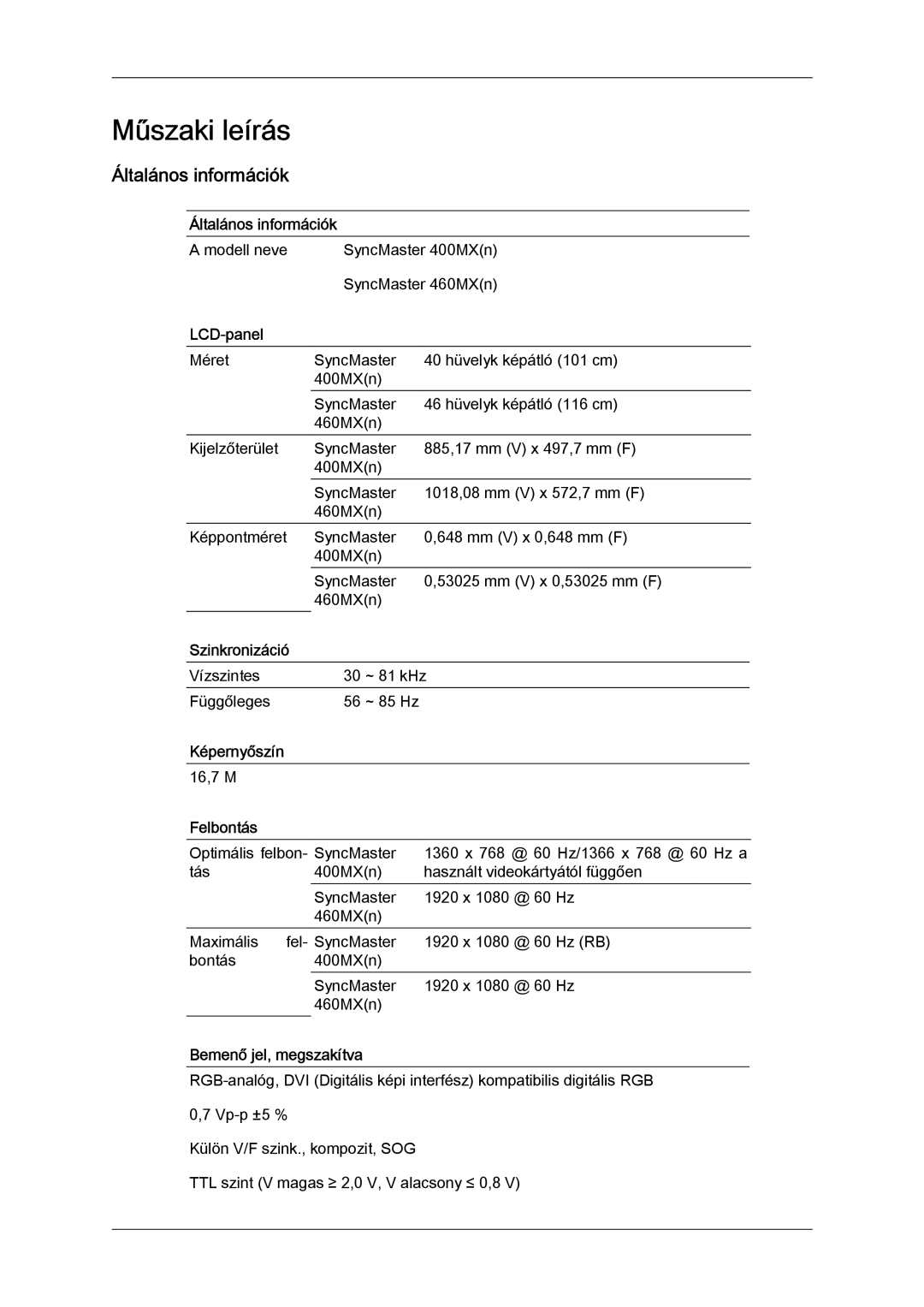 Samsung LH40MGPLBC/EN, LH46MGTLBC/EN, LH40MGTLBC/EN, LH46MGPLBC/EN manual Általános információk 