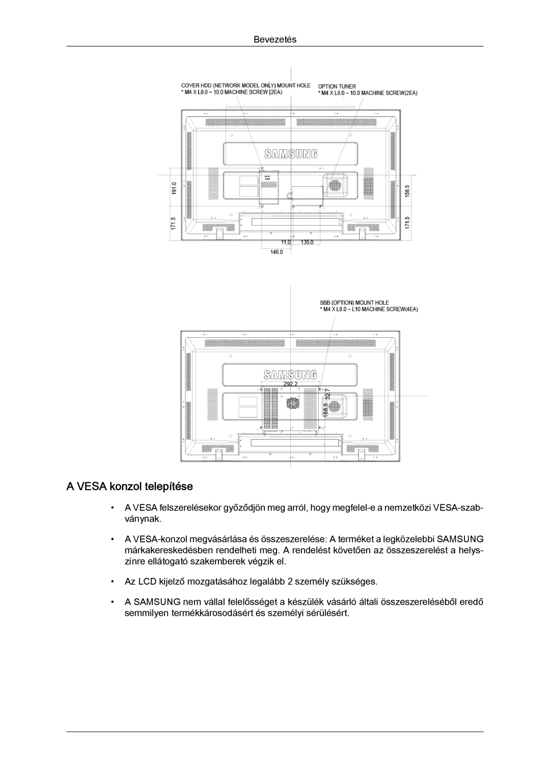 Samsung LH40MGPLBC/EN, LH46MGTLBC/EN, LH40MGTLBC/EN, LH46MGPLBC/EN manual Vesa konzol telepítése 