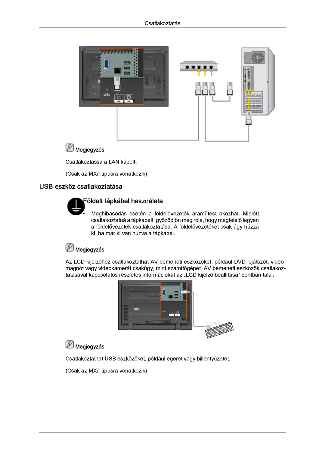 Samsung LH46MGTLBC/EN, LH40MGTLBC/EN, LH40MGPLBC/EN, LH46MGPLBC/EN USB-eszköz csatlakoztatása Földelt tápkábel használata 