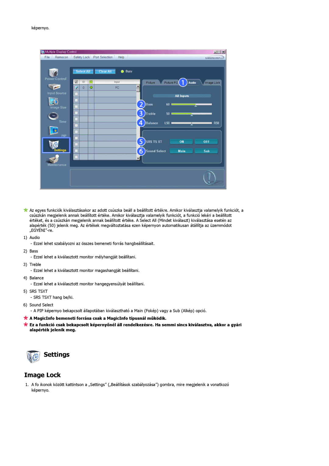 Samsung LH46MGPLBC/EN, LH46MGTLBC/EN, LH40MGTLBC/EN, LH40MGPLBC/EN manual Settings Image Lock, SRS Tsxt 