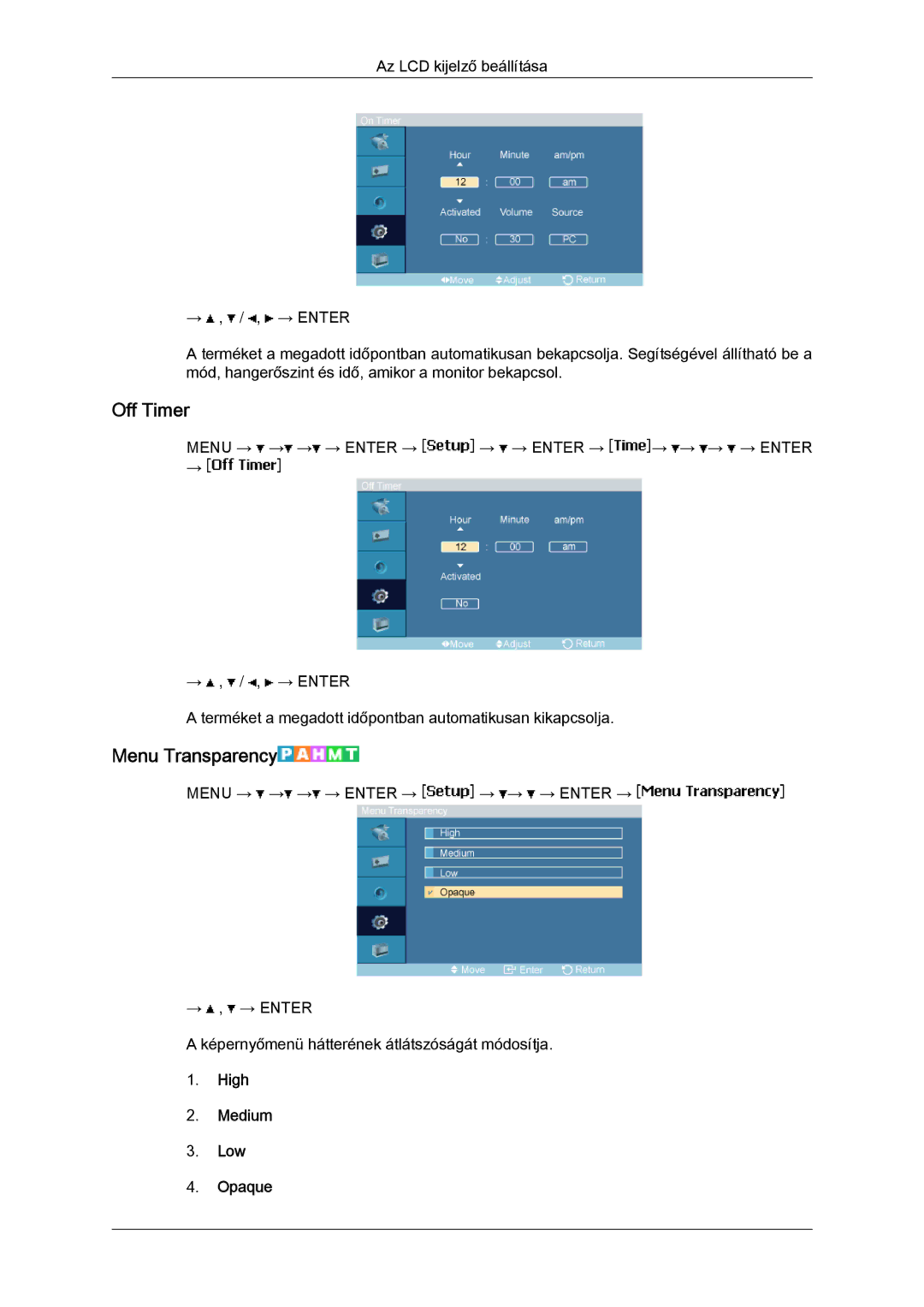Samsung LH46MGPLBC/EN, LH46MGTLBC/EN, LH40MGTLBC/EN, LH40MGPLBC/EN manual Off Timer, Menu Transparency, High Medium Low Opaque 