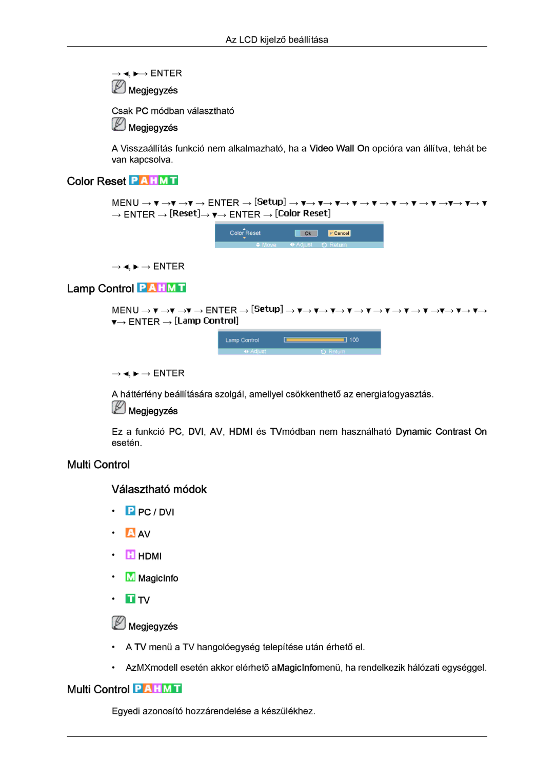 Samsung LH40MGTLBC/EN, LH46MGTLBC/EN, LH40MGPLBC/EN manual Color Reset, Lamp Control, Multi Control Választható módok 