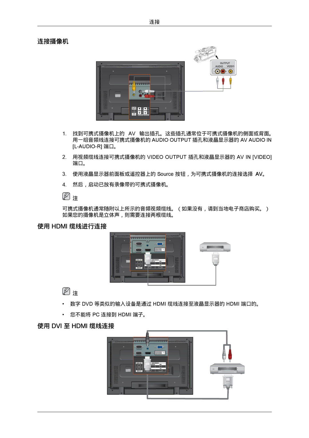 Samsung LH40MGTLBC/EN, LH46MGTLBC/EN, LH40MGPLBC/EN, LH46MGPLBC/EN manual 连接摄像机, 使用 Hdmi 缆线进行连接, 使用 DVI 至 Hdmi 缆线连接 