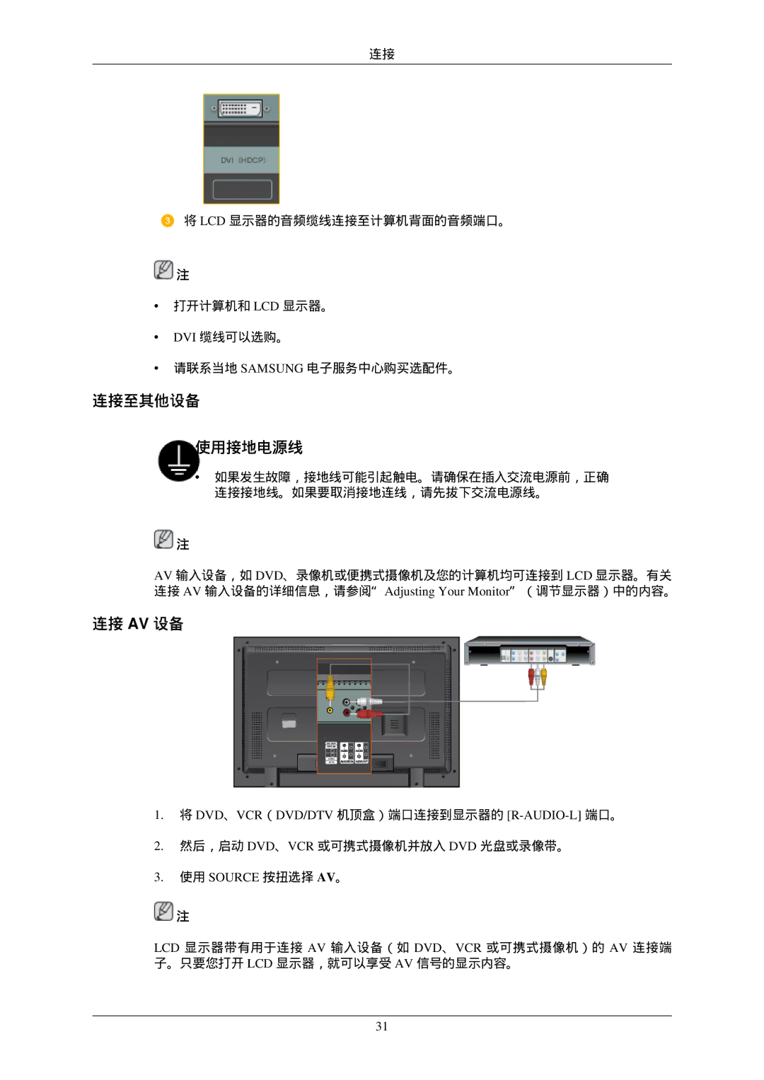 Samsung LH46MGTLBC/EN, LH40MGTLBC/EN, LH40MGPLBC/EN 连接至其他设备 使用接地电源线, 连接 Av 设备, Dvd、Vcr（Dvd/Dtv 机顶盒）端口连接到显示器的 R-Audio-L 端口。 